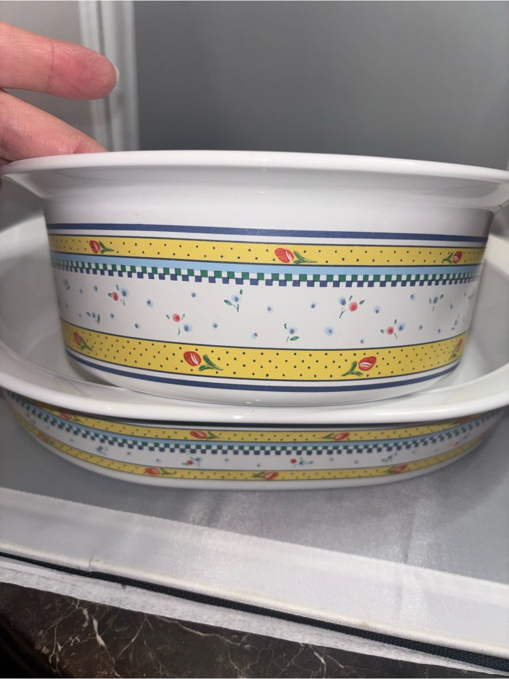 Corningware White Ceramic Bowl Set with Yellow Floral and Blue Trim